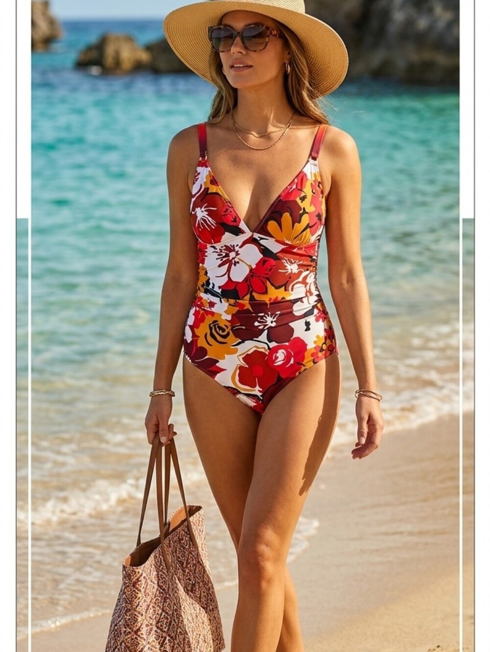 Anne Cole Multi Print Floral Beaded Wire-free Plunge One-Piece Swimsuit, US 12